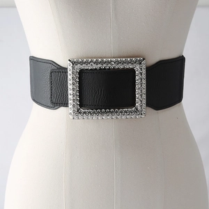 Elastic wide black belt for women featuring a sparkling rhinestone encrusted square buckle
