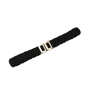Women's black elastic waist belt with a sleek gold-tone double-ring buckle on white background