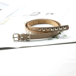 Slim khaki waist belt with silver pyramid studs and pin buckle for women coats