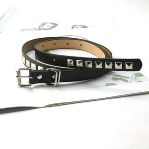 Women Fashion Skinny PU Leather Belt With Square Silver Metal Rivets Retro Punk Style Decorative Waist Strap For Coats