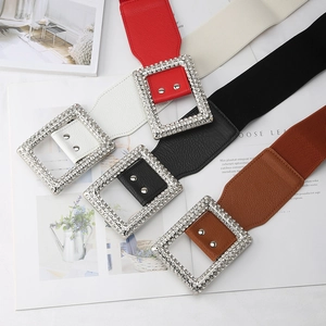 Wide elastic waist belt with large square rhinestone buckle in four assorted colors