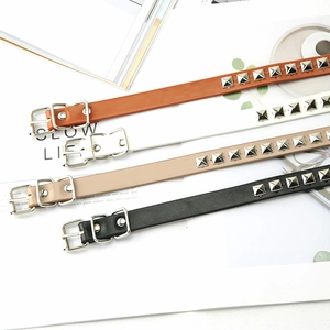 Fashionable thin rivet belts for women in brown white beige and black leather with silver studs