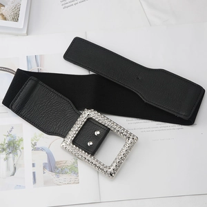 Women black wide elastic belt with luxury rhinestone square buckle on white background
