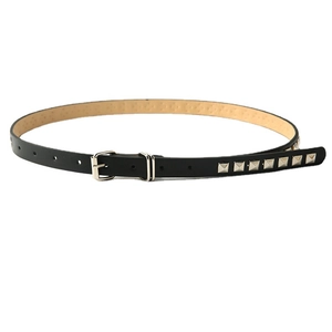 Women's slim black leather belt with silver buckle and square metal rivet details