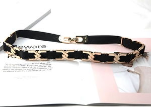 Détail d'une ceinture élastique noire avec boucle métallique dorée géométrique