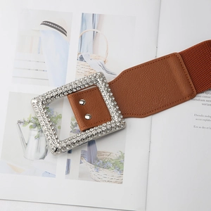 Detail of wide brown elastic belt featuring a luxurious rhinestone square buckle on a magazine