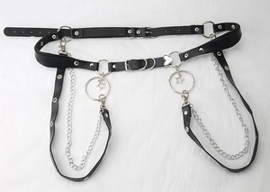 Gothic punk style black faux leather body chain with silver heart and star pendants