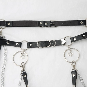 Gothic black leather body chain with silver star pendants and heart-shaped metal buckle
