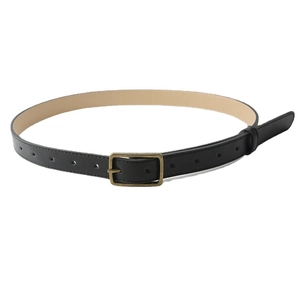 Classic minimalist black faux leather belt with a vintage bronze rectangular metal buckle