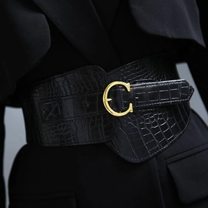 Women Wide Corset Belt Fashion Crocodile Pattern Elastic Waist Seal Gold C-Letter Buckle Waistband For Dress Coat Elegant Black