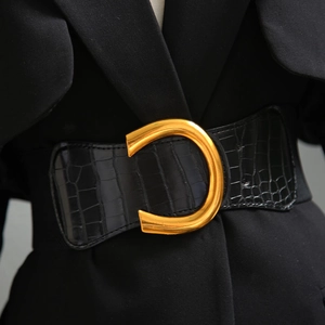 Ceinture Corset Élastique Large pour Femmes Avec Boucle en Alliage en C Or Motif Crocodile Ceinture en Cuir PU pour Robes Costumes Manteaux