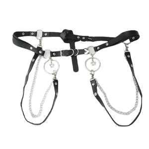 Harajuku punk style black PU leather body harness with silver chains and star pendants