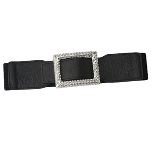 Women's black wide elastic belt with a square rhinestone-encrusted metal buckle decor