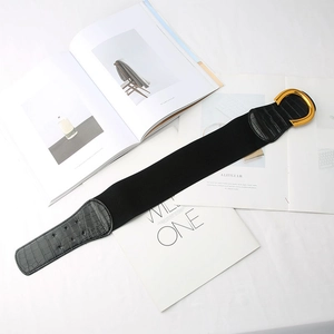 Vue détaillée d'une large ceinture élastique noire avec boucle dorée en D et texture croco