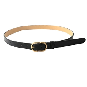 Classic vintage black leather belt for women featuring a gold oval metal pin buckle