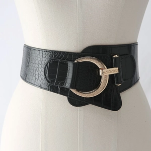 Women Wide Elastic Corset Belt Elegant Crocodile Pattern Faux Leather Waist Belt With Large Gold Buckle For Dress Coat