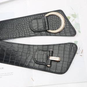 Fashionable black wide elastic waist belt with crocodile texture and golden metal buckle