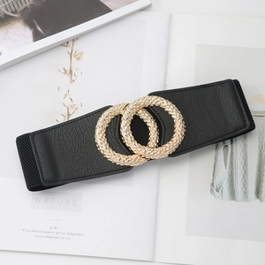 Women's Wide Elastic Corset Belt Gold Double Round Buckle Artificial Leather Waistband For Dresses Coats Black Retro Style