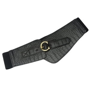 Women black wide elastic waist belt with crocodile texture and gold C-shaped buckle