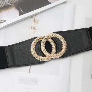 Women's wide elastic waist belt with interlocking gold rings and black leather details
