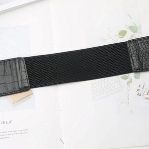 Detail showing black elastic waist belt with crocodile texture leather accents on magazine