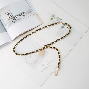 Vintage Women Metal Interwoven PU Leather Chain Belt Gold Braided Waist Chain With Sun Pendant For Dress Fashion Accessories