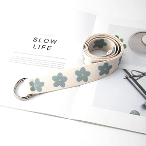 Women's Floral Print Canvas Belt Casual Double D-Ring Buckle Off White Fabric Waist Belt For Jeans Fashion Korean Style