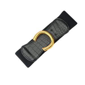 Ceinture large élastique pour femme avec texture crocodile noire et boucle dorée en métal