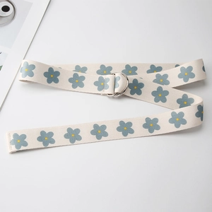 Off-white floral canvas belt with blue flower patterns and silver double D-ring buckle