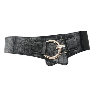 Fashionable black crocodile pattern wide belt with polished gold horseshoe buckle for dresses