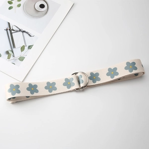 Macro detail of floral canvas belt with double D-ring buckle and light blue flower pattern