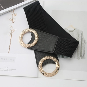 Elastic wide black belt with vintage gold interlocking woven rings for dresses