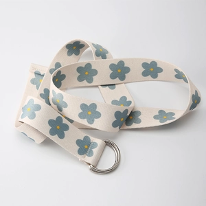 Floral canvas belt with blue flower print and silver double D-ring buckle for women