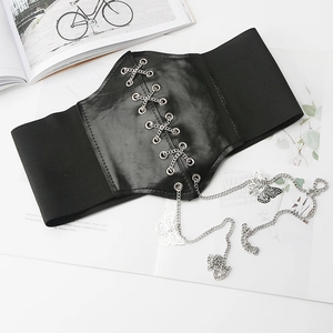 Women's Wide Corset Belt PU Leather Elastic Waist Cincher With Silver Butterfly Metal Chain Punk Gothic Streetwear Accessory