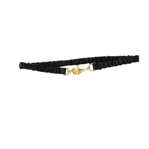 Women's black elastic waist belt with gold T-buckle closure for dresses and suits
