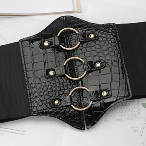 Women's wide elastic corset belt with black crocodile texture and gold metal rings