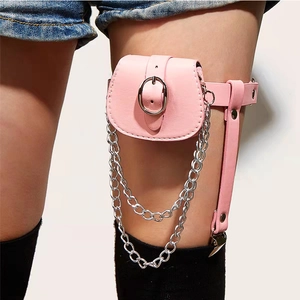 Pink PU leather thigh garter bag with silver chains and adjustable metal buckle