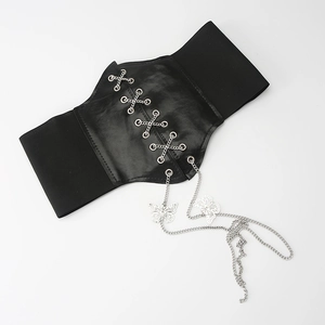 Detail of gothic wide elastic waist belt with metal chains and hollow butterfly charm