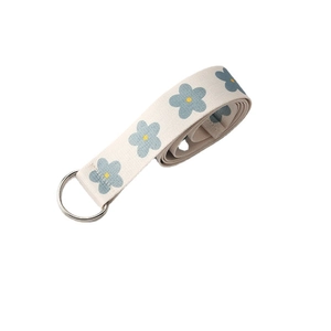 Floral canvas belt with blue flower pattern and silver D-ring for women jeans