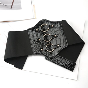 Women's black elastic waist belt with crocodile pattern leather and golden rings