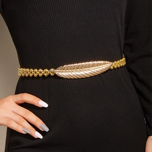 Elegant Women Metal Elastic Belt Leaf Buckle Gold Silver Beaded Waist Chain Decorative Corset Belt For Dresses Party Accessory