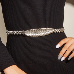 Elegant silver leaf buckle elastic metal waist chain for dresses and skirts accessory