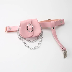 Pink PU leather thigh garter with metal chains, small pouch and adjustable sock clips