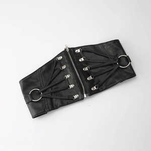 Ceinture corset large en cuir noir pour femme avec fermeture éclair et lacets gothiques