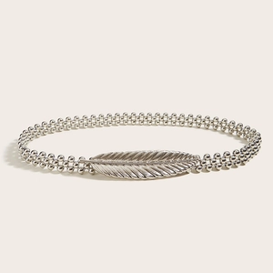 Elegant silver elastic metal waist chain featuring a feather-shaped clasp for dresses