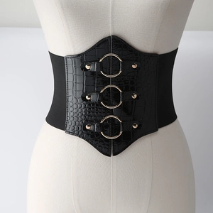 Women Wide Elastic Corset Belt Vintage Crocodile Pattern Artificial Leather Waistband With Gold Rings For Dresses Coats