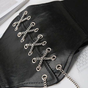 Women's black PU leather corset belt with punk style metal chains and grommets