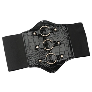 Elastic wide black waist belt for women with crocodile texture and gold metal rings