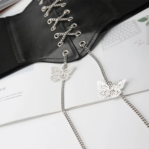 Fashionable black PU leather corset belt with silver chains and butterfly pendants
