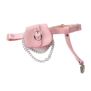 Pink punk style leather garter bag with silver chains and adjustable elastic straps